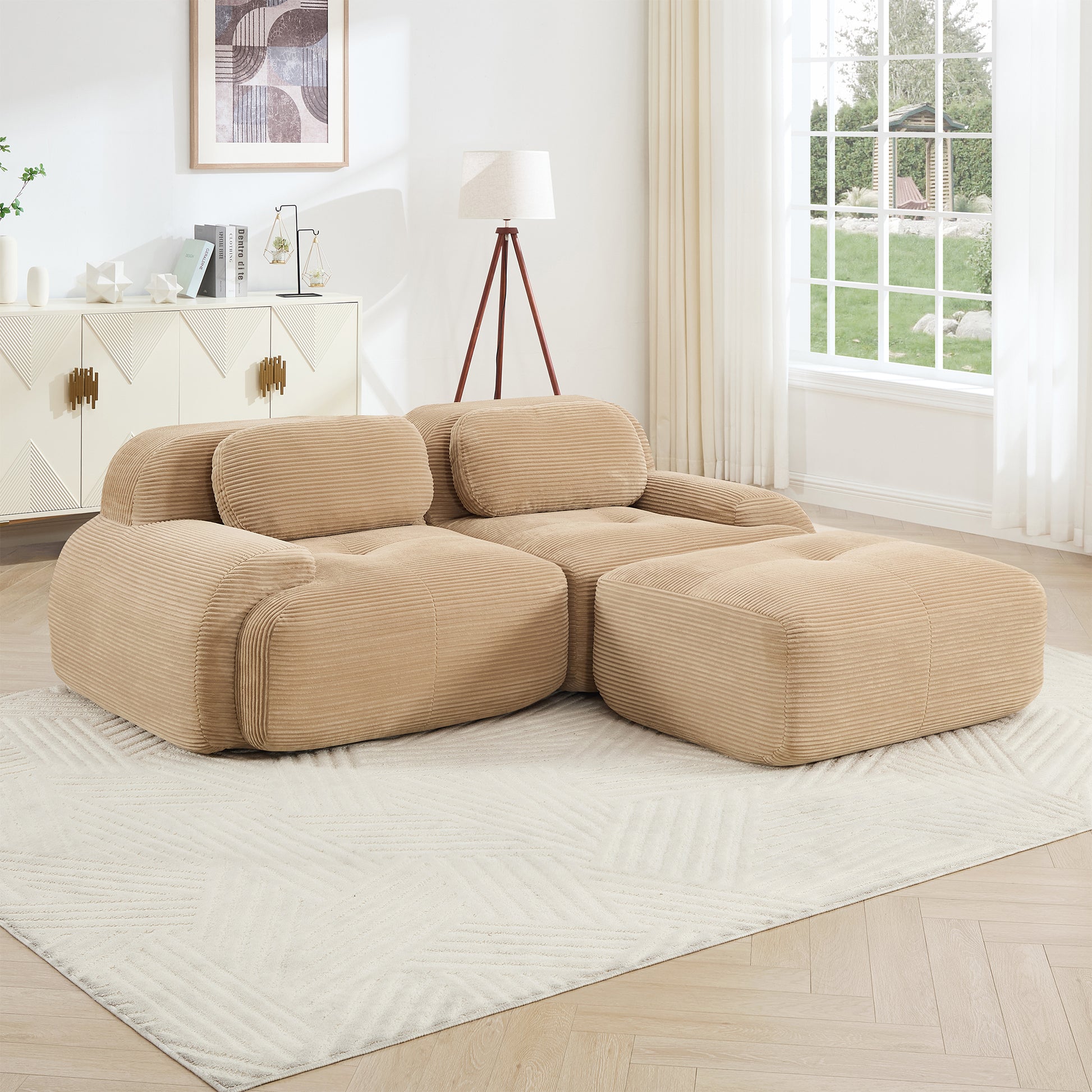 82'' L-shaped sofa in softCorduroy Fabric fabric modular design multiple combinations curved armrests no assembly required high-resilience sponge suitable for living rooms rest areas bedroom,Camel image 2
