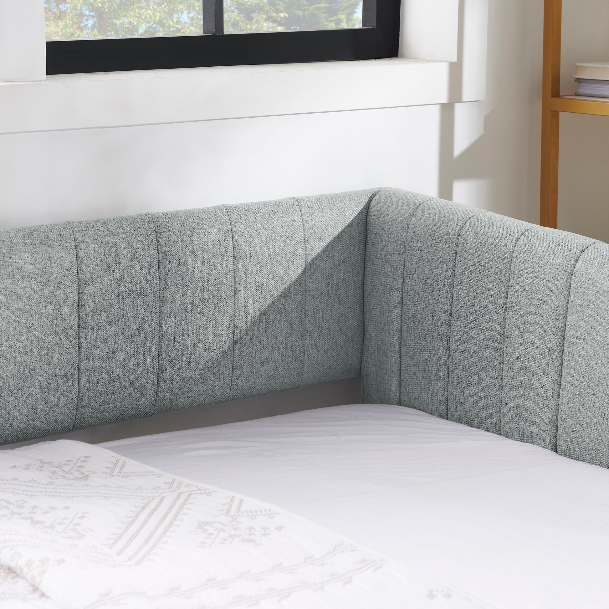 Twin Size Daybed with Trundle Upholstered Sofa Bed, with Vertical Stripes, Linen Fabric, Grey (82.5"x43"x30") image 9