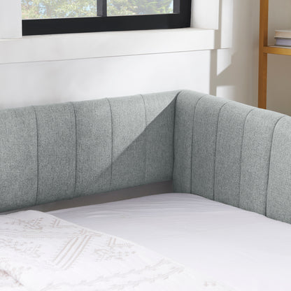 Twin Size Daybed with Trundle Upholstered Sofa Bed, with Vertical Stripes, Linen Fabric, Grey (82.5"x43"x30") image 9