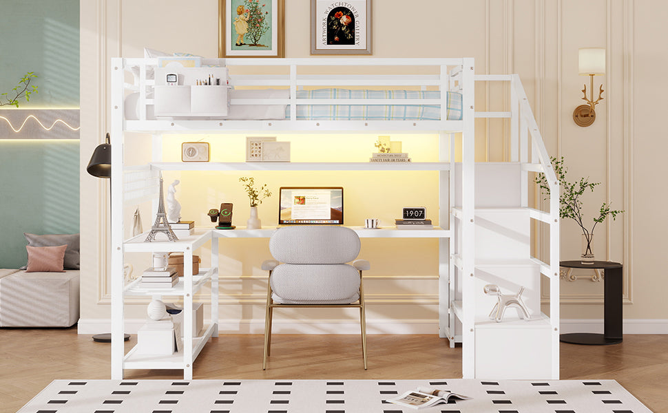 Full Size Loft Bed with Staircase and Wardrobe, Metal Loft Bed with Desk, Storage Shelves, LED Lights and Charge Station,White(Expect Arrival Date 2026/5/9 Old SKUW2593S00059) image 9