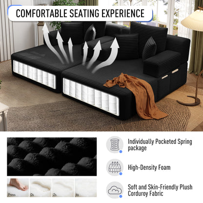 Oversized Double Chaise Lounge 2-Piece Set, Luxurious Plush Corduroy Convertible Sofa Bed with 6 Pillows and Storage Pocket, for Small Spaces,Home Theater, Living Room, Black image 8