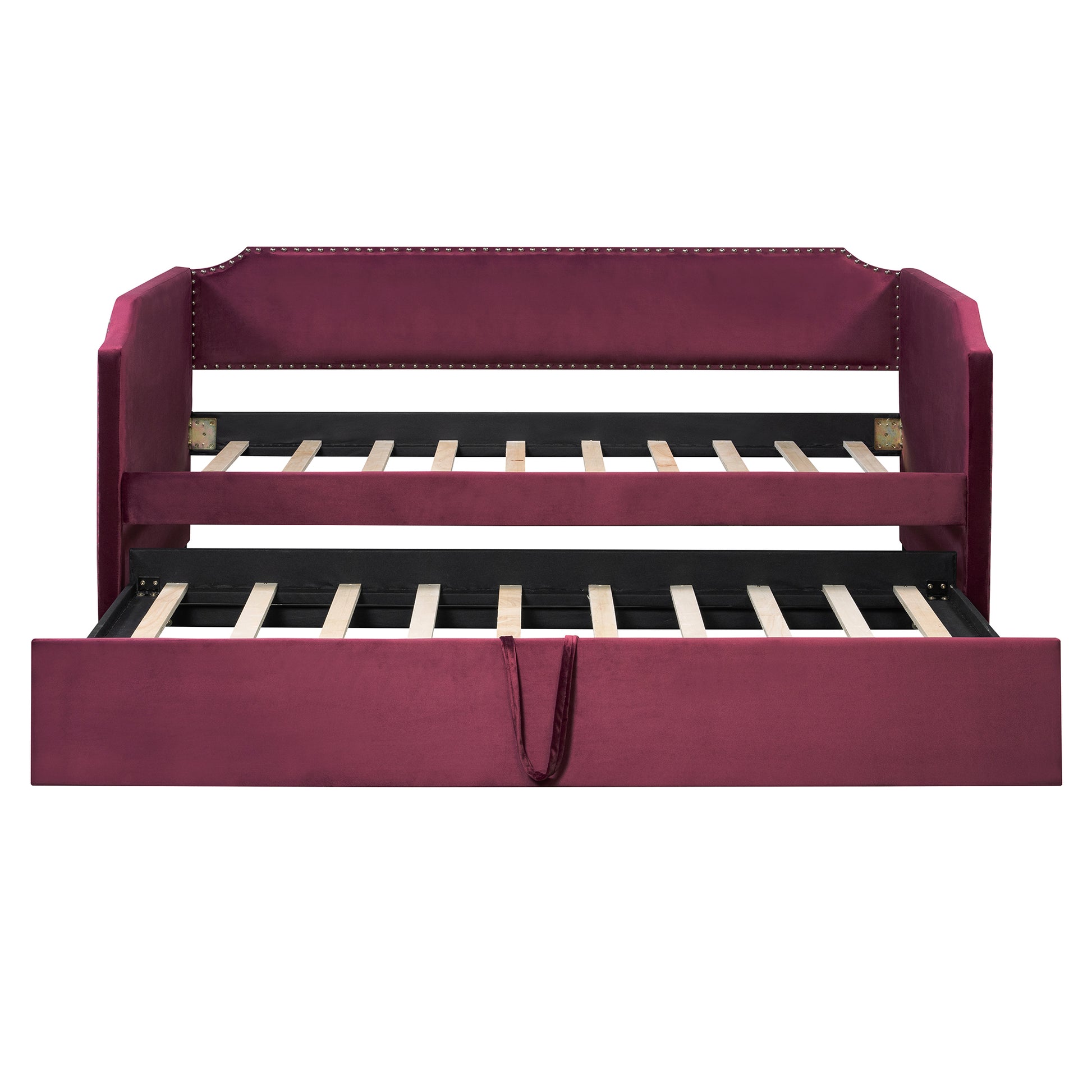 Twin Size Velvet Upholstered Daybed with Pop Up Trundle, Wine Red image 7