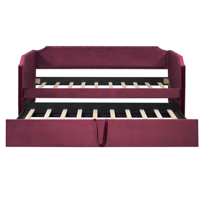 Twin Size Velvet Upholstered Daybed with Pop Up Trundle, Wine Red image 7