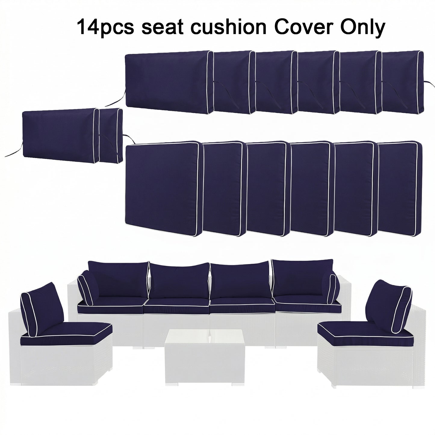 Cushion Covers for 7 Pcs (6-Seaters) Wicker Rattan Sectional Sofa, 14Pack Cushion Slipcovers Set Seat and Back,Outdoor Cushion Slipcover with Zipper, (Only Cover) Navy Blue image 2