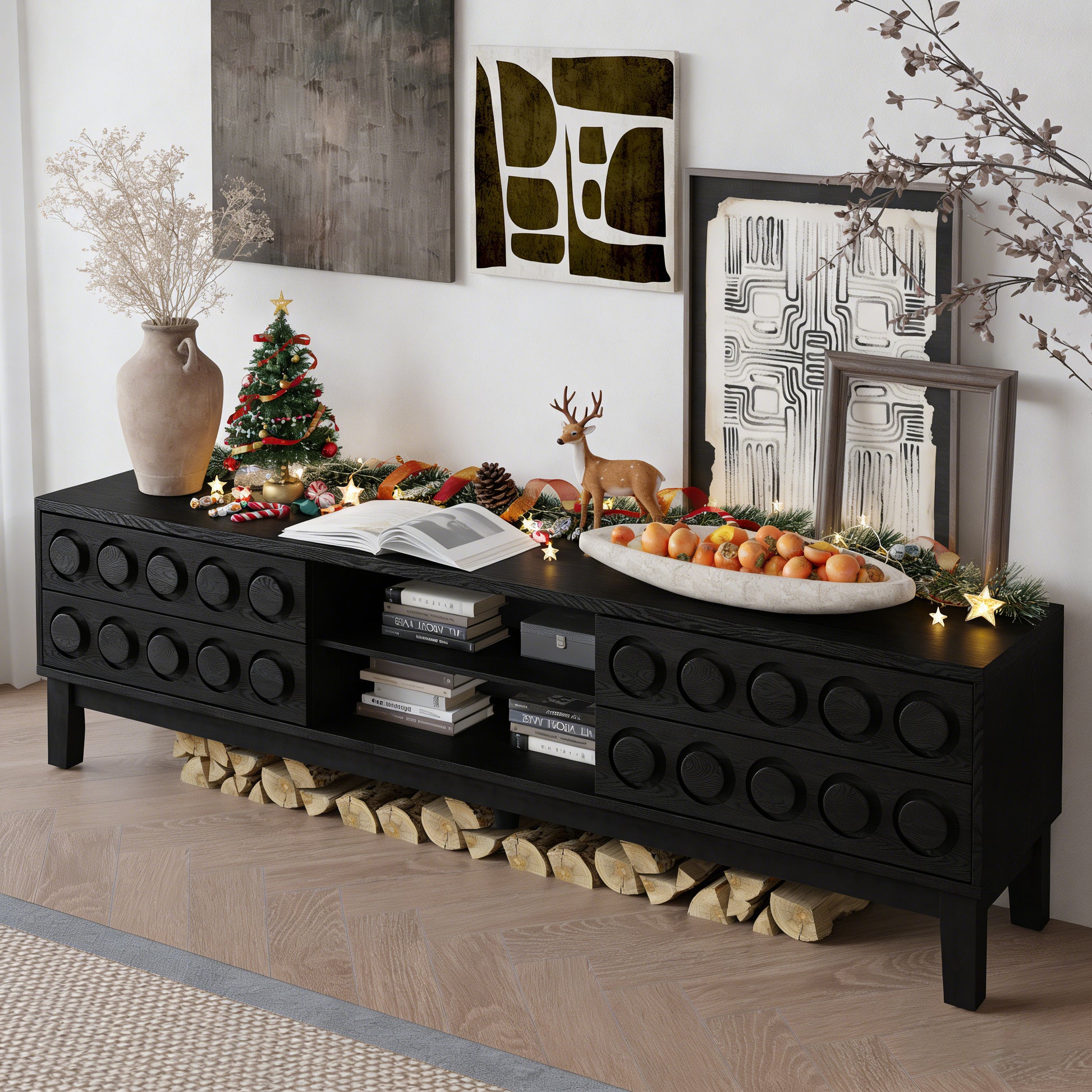 Modern Mid-Century Media Console with 4 Drawers and Cable Management, TV Console Table for TVs up to 75",Entertainment Center for Living Room and Office(Black) image 3