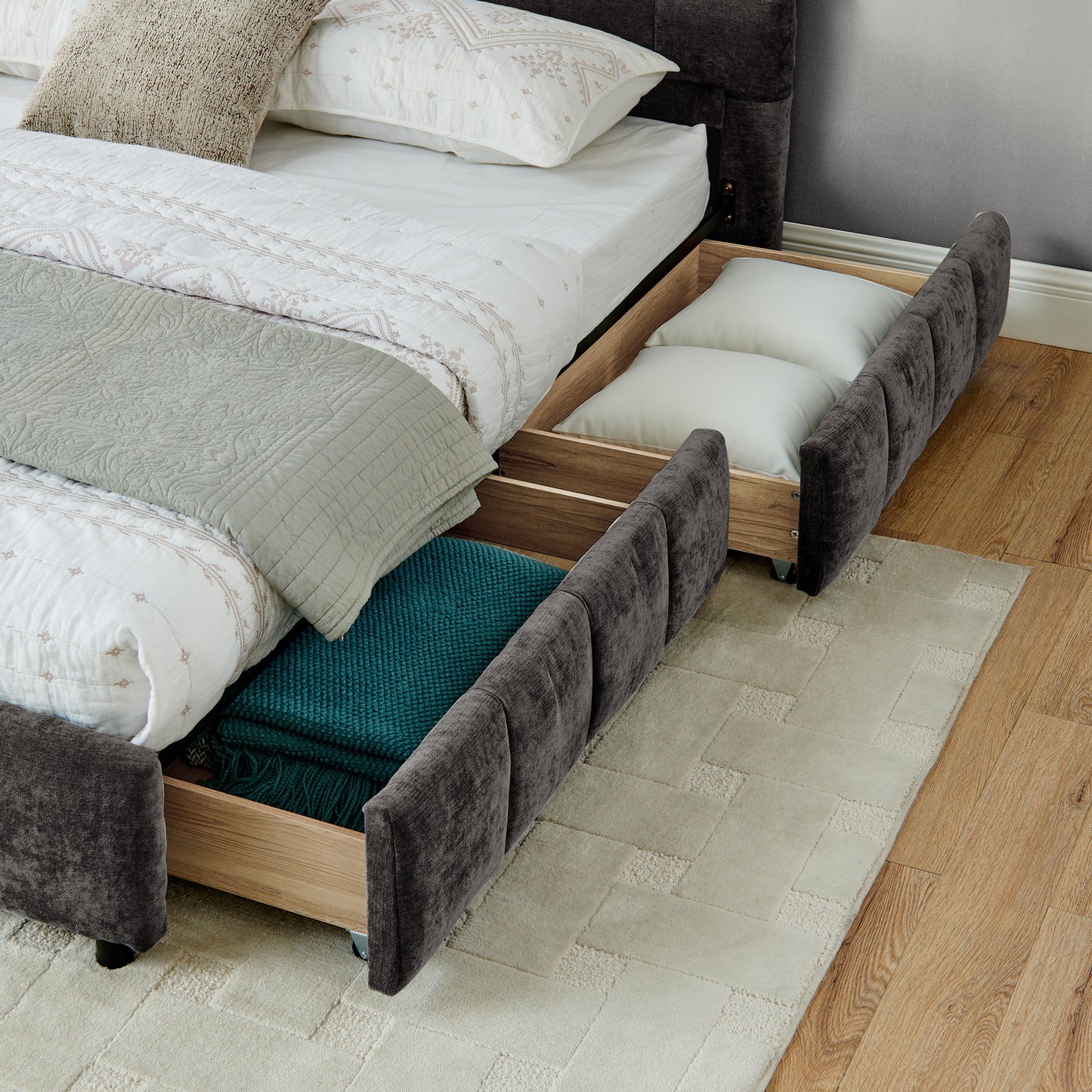 California King size Upholstered Bed,comfortable upholstered bed frame, Chenille fabric, with headboard and solid bed frame. With drawer for storage.-Dark Gray(90.5''*80.5''*31'') image 7