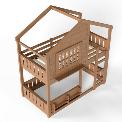 Twin Size Bunk Bed/Loft Bed with Bookshelf, House Design, High-Quality Safety Fencing,Natural image 9