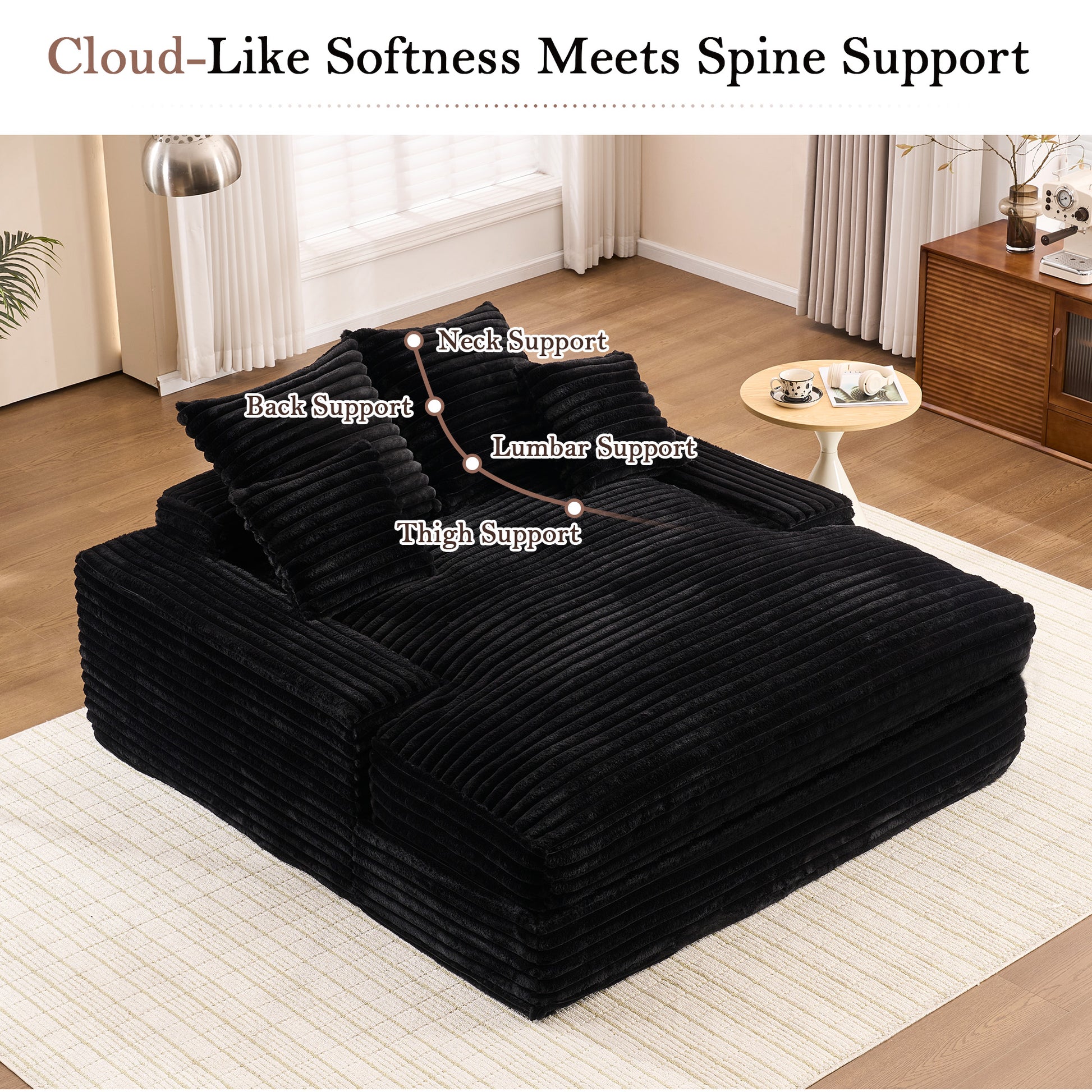 028DR-Oversized chaise Lounge chair, Upholstered Sleeper Sofa Bed with 4 Throw Pillows and Armrests, Corduroy Fabric Plush Lounge Chair Bed for Living Room, Apartment & Small Spaces, Black image 9
