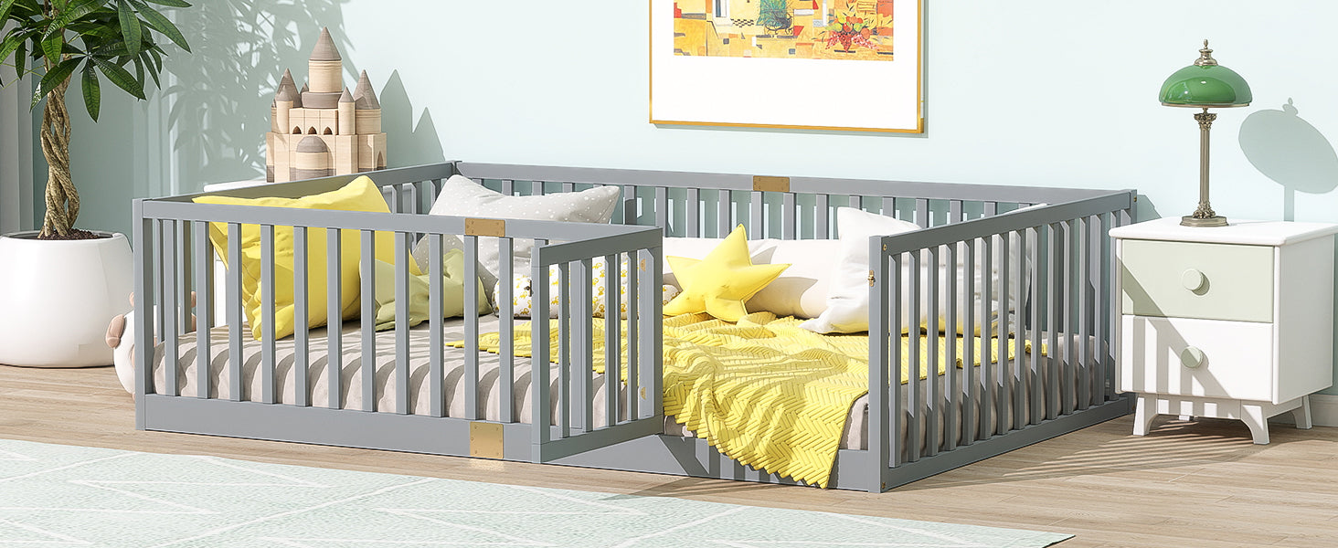 Full Size Floor Bed with High Fence Railings, with Door,6 Slats Included, Rubber Wood Floor Bed with Safety Guardrails,Grey image 6