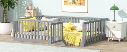 Full Size Floor Bed with High Fence Railings, with Door,6 Slats Included, Rubber Wood Floor Bed with Safety Guardrails,Grey image 6