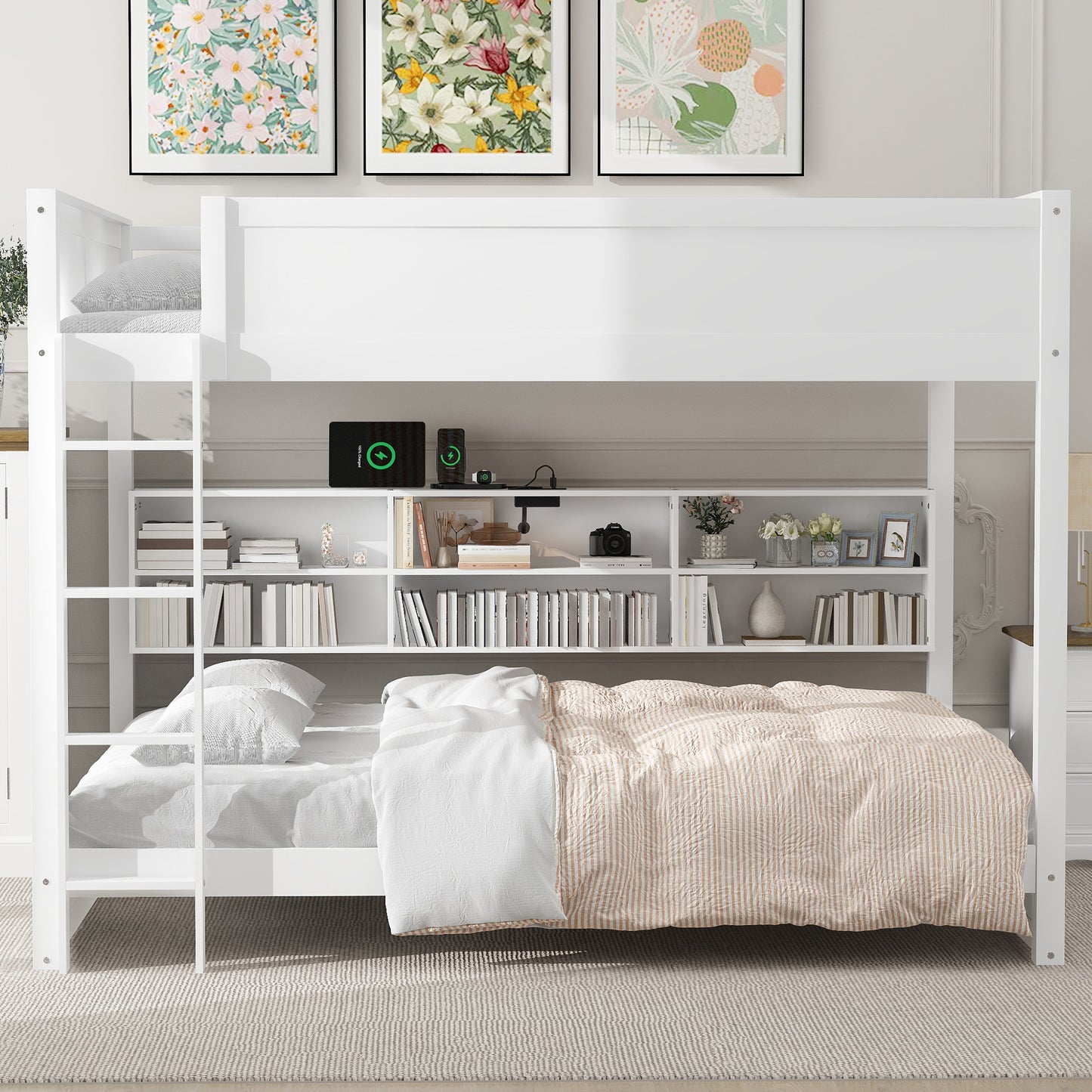Queen over Queen Bunk Bed with Storage Cabinets and USB Ports, White image 3