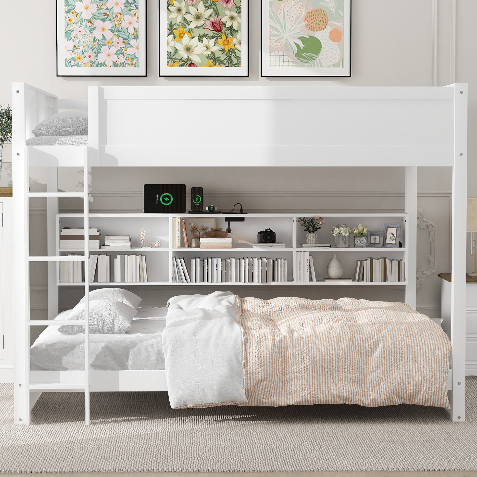 Queen over Queen Bunk Bed with Storage Cabinets and USB Ports, White image 3