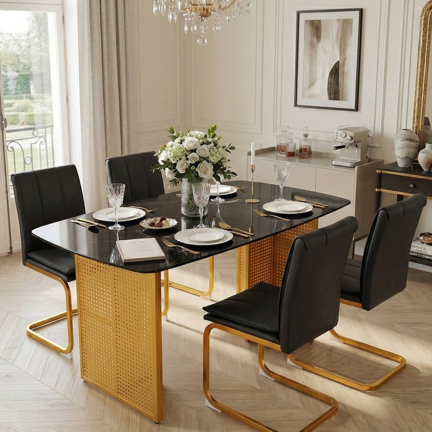 Modern-Style Rectangular Tempered Glass Dining Table for 6, Featuring a Marble-Patterned Design with Golden Hollow-Out Metal Legs, an Ideal Dining Table for Living Rooms and Home Offices. image 3