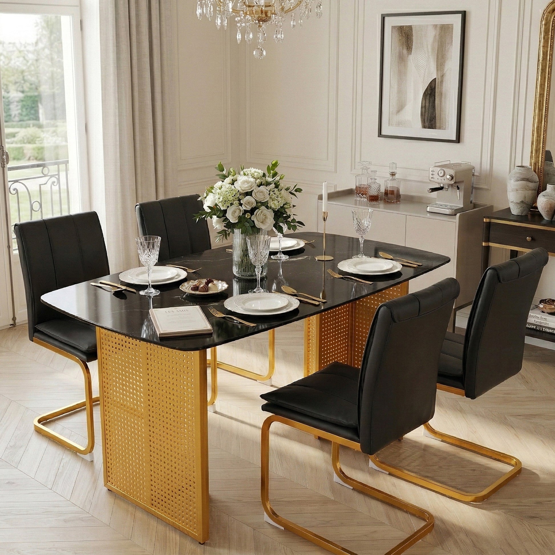 Modern-Style Rectangular Tempered Glass Dining Table for 6, Featuring a Marble-Patterned Design with Golden Hollow-Out Metal Legs, an Ideal Dining Table for Living Rooms and Home Offices. image 3