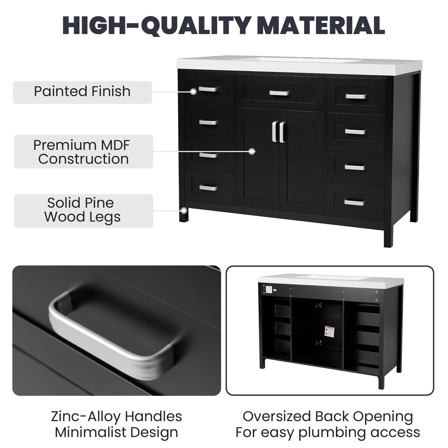 47" Bathroom Vanity without Sink, Cabinet Only, 2 Doors and 8 Drawers, Soft Close System, Classic Design, Black image 6