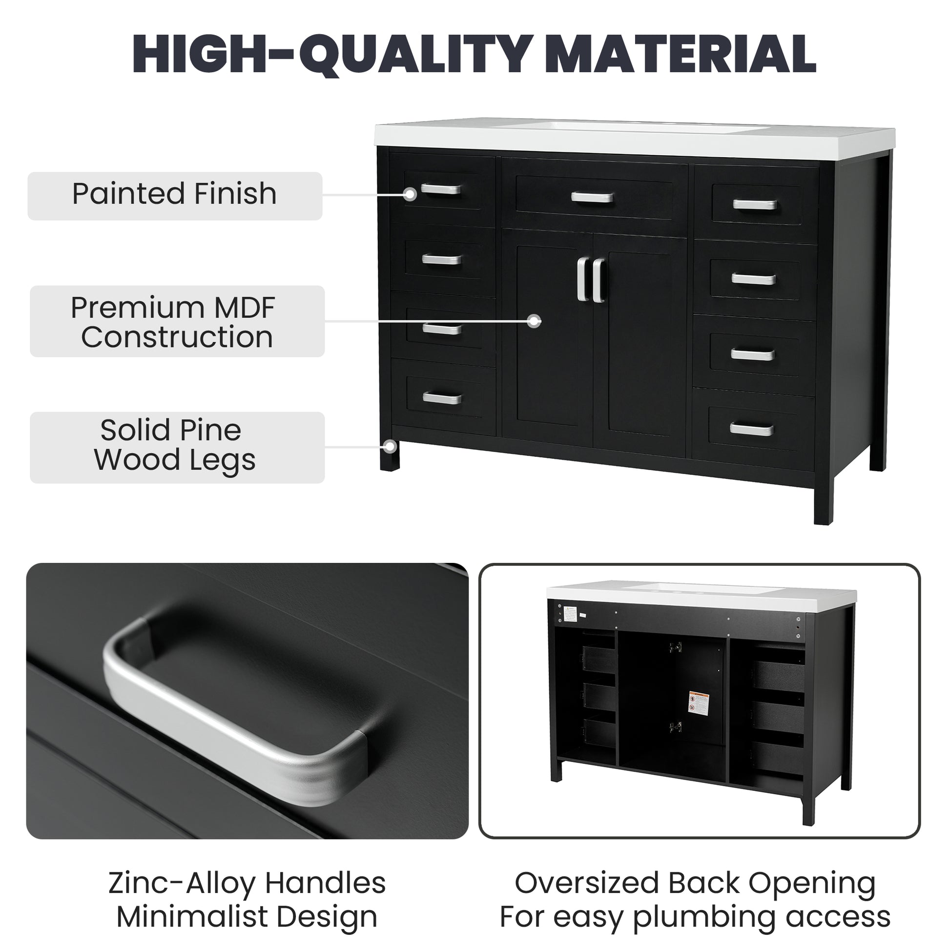 47" Bathroom Vanity without Sink, Cabinet Only, 2 Doors and 8 Drawers, Soft Close System, Classic Design, Black image 6
