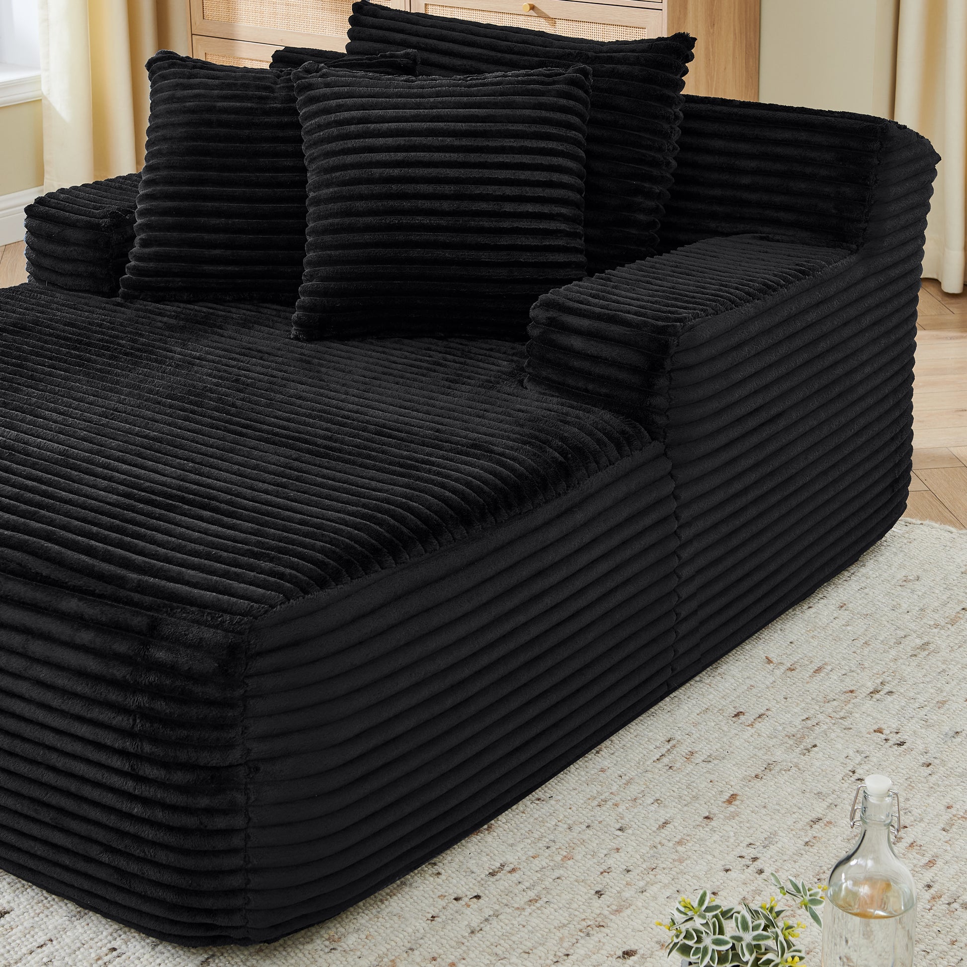 Single lazy sofa lounge chair, no assembly required, made of velvet fabric, fluffy modern single lounge chair, used for indoor living rooms and bedrooms-Black image 4