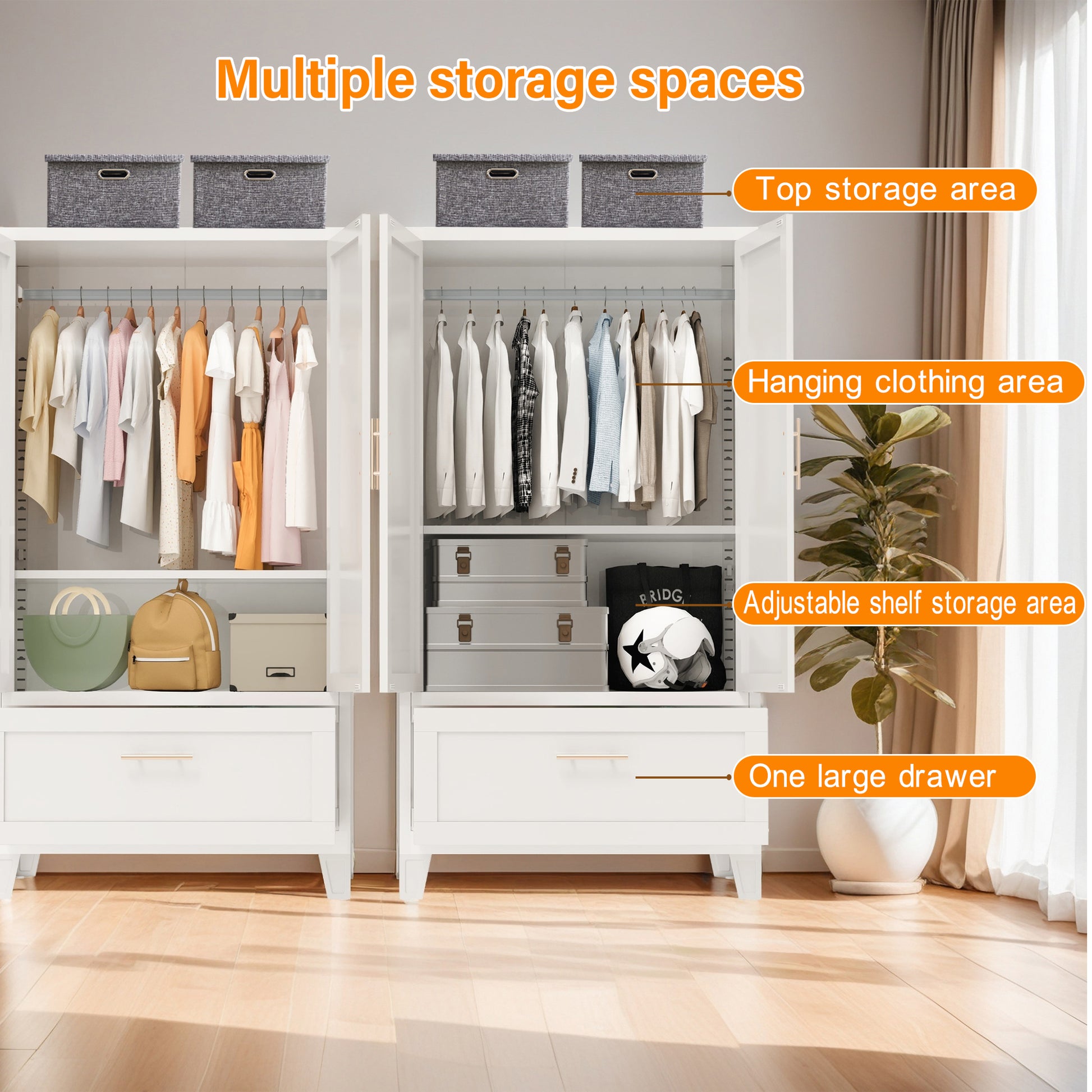 60" Tall Metal Wardrobe Cabinet with 1 Drawer and Hanging Rod, 2 Doors Wardrobe Closet with Shelf for Bedroom, Office, Laundry Room,Entryway,Foyer,Guesthouse (White) image 8