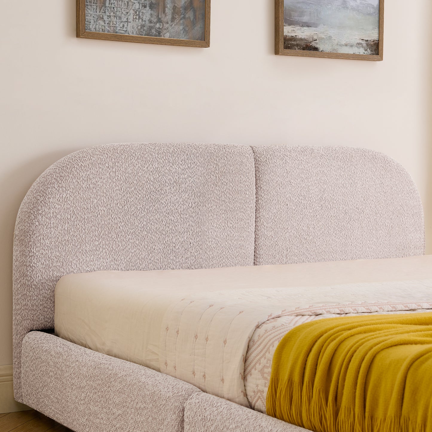 Queen Size Upholstered Bed Frame Modern Minimalist Style - Circle Yarn Fabric, Tall Curved Headboard, Sturdy Leg Support & Wheeled Drawer Storage, Mattress Not Included -Pink image 6