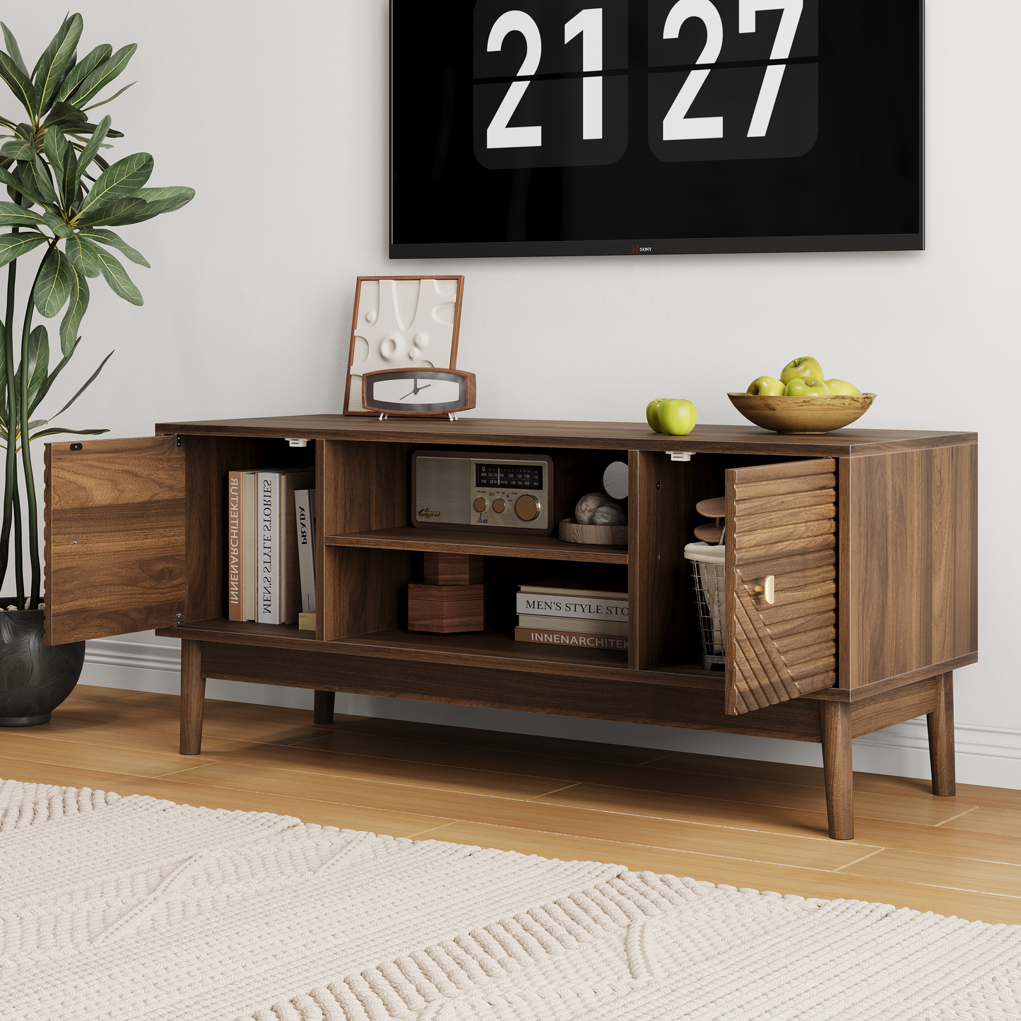 43.31 inch TV Stand, Mid-Century Modern TV Stand for 32/45 inch TV, Entertainment Center with Storage, Media Console Table for Living Room and Bedroom, Walnut image 10