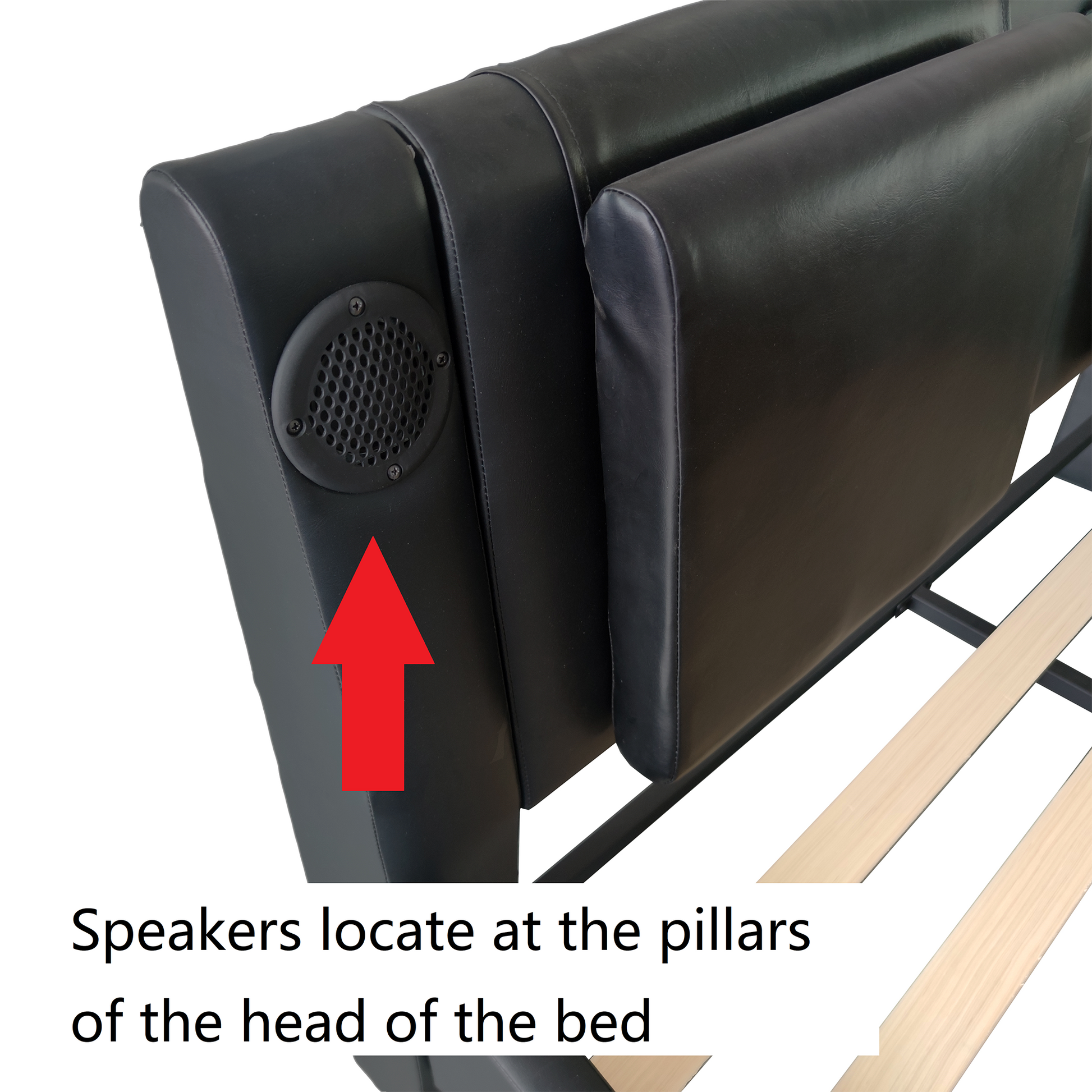 Faux Leather Upholstered Platform Bed Frame with led lighting, Bluetooth connection to play music control, Backrest vibration massage, Curve Design, Wood Slat Support, Exhibited Speakers, King Size image 11