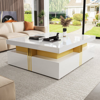 Modern Glossy Square Storage Coffee Table with 4 Drawers, 43.3", White image 4