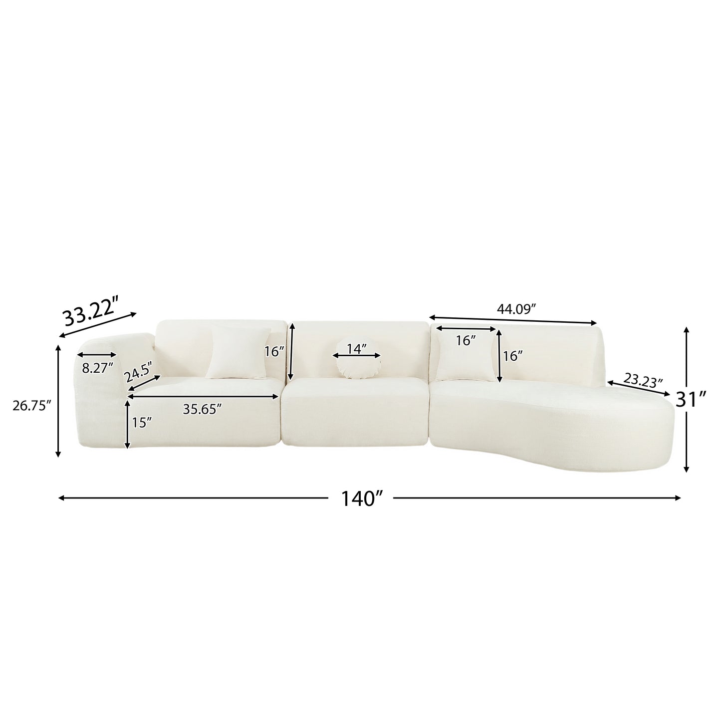 140" Modern Curved Sectional Sofa with High-Density Fully Compressed Sponge and Chaise Lounge, 3-Piece Set, Fully Assembled Right Hand Facing, Perfect for Living Room, Lounge image 7