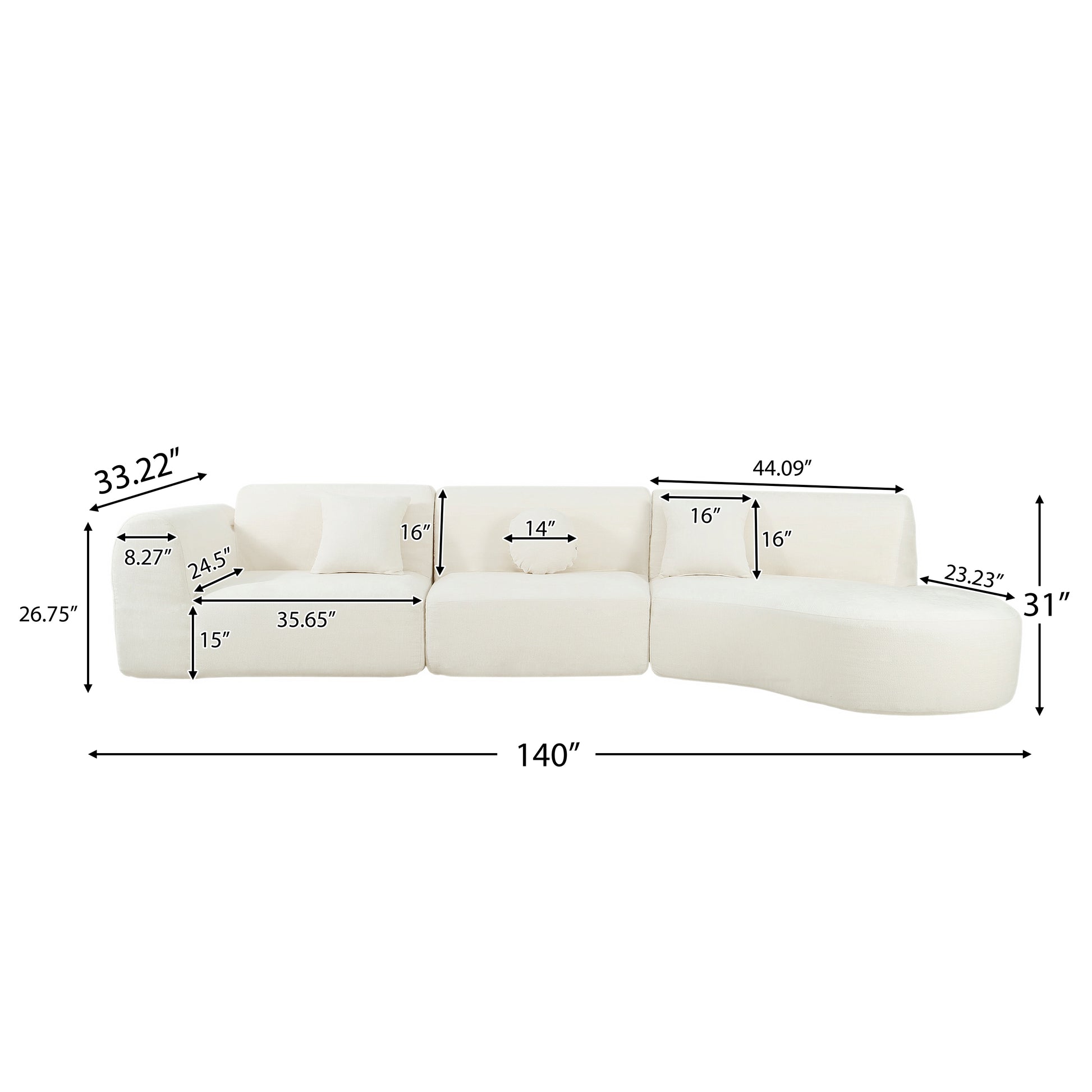 140" Modern Curved Sectional Sofa with High-Density Fully Compressed Sponge and Chaise Lounge, 3-Piece Set, Fully Assembled Right Hand Facing, Perfect for Living Room, Lounge image 7