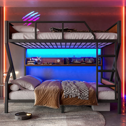 Full over Full Bunk Bed, Metal Bunk Bed with Storage Shelves and Lights, Space-saving & Noise-free Design, Black image 3
