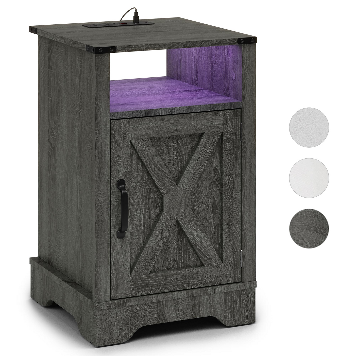 LED Nightstand Set of 2 with Charging Station, Bedside Table with Storage Cabinet and Shelf, Rustic End Table, Farmhouse Wooden Side Table, for Bedroom, Living Room, Dark Gray image 8