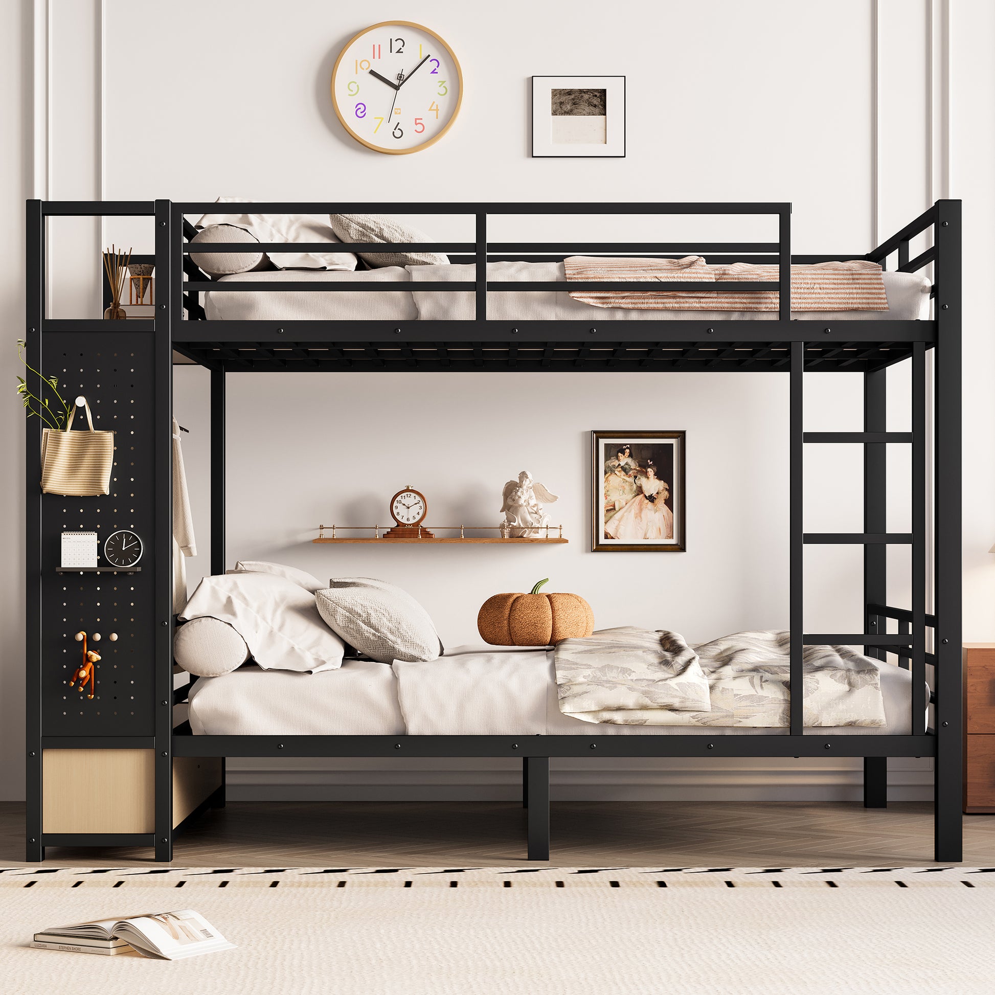 Full over Full size Metal Bunk Bed for Teens with Storage Shelves,Drawers and Pegboard,Black image 2