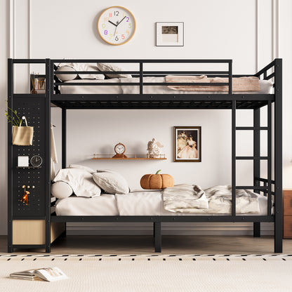 Full over Full size Metal Bunk Bed for Teens with Storage Shelves,Drawers and Pegboard,Black image 2