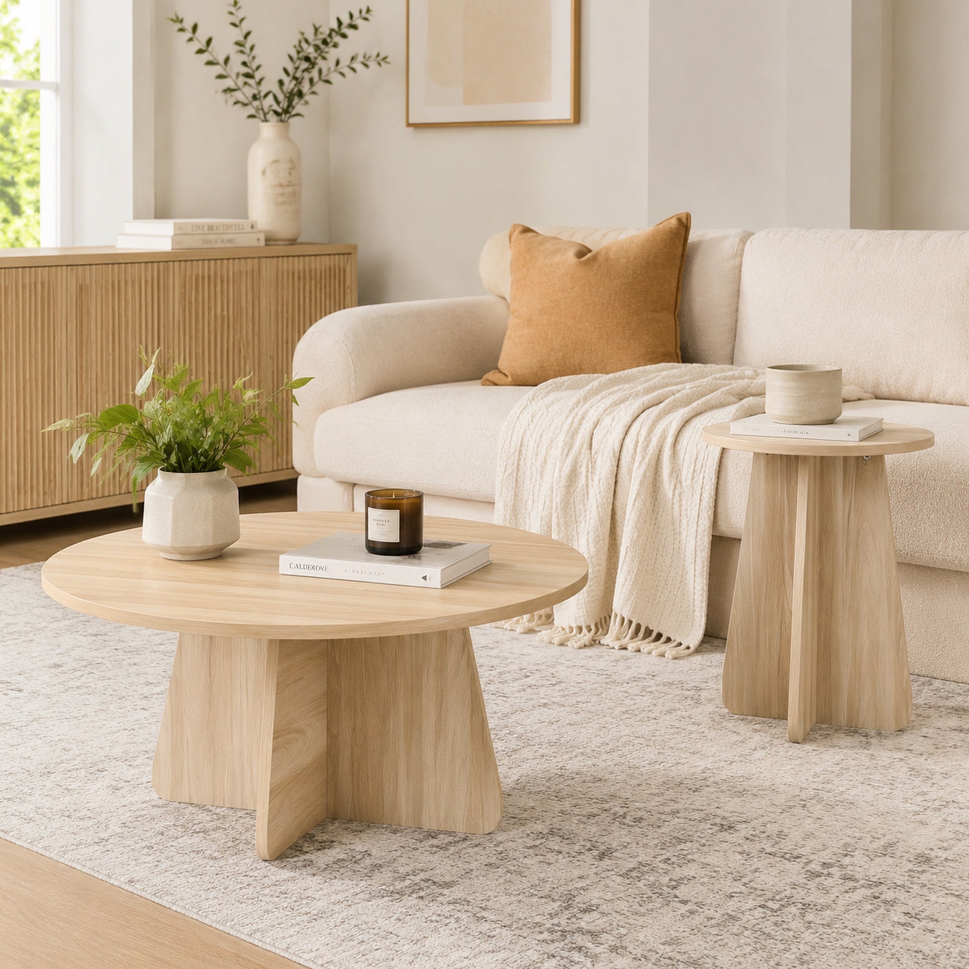 Retro-style nesting coffee table set. Available in walnut or natural wood finishes. Round nesting side tables with crisscross legs. Ideal for living rooms and dining rooms. image 3