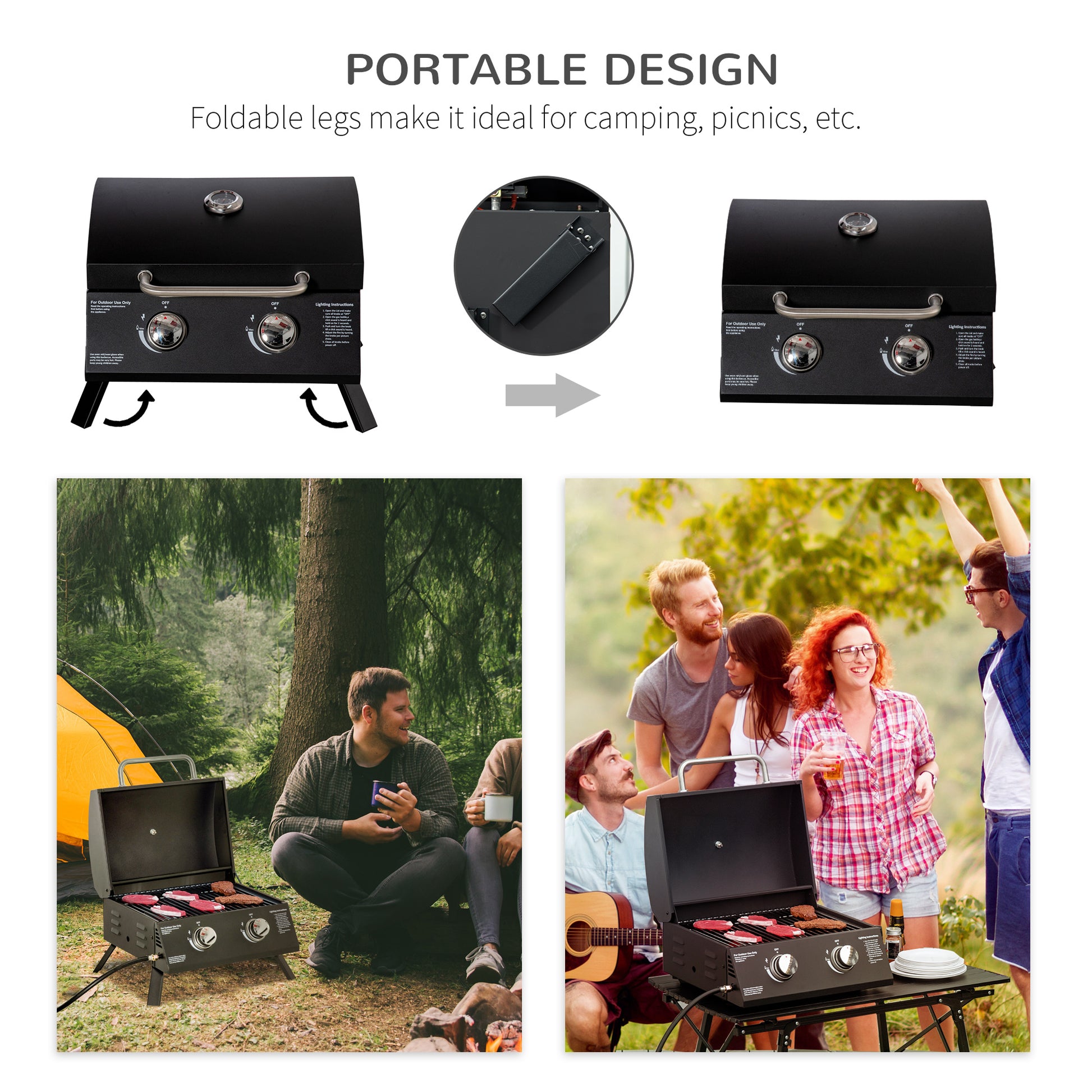 Outsunny 2 Burner Propane Gas Grill Outdoor Portable Tabletop BBQ with Foldable Legs, Lid, Thermometer for Camping, Picnic, Backyard, Black image 5