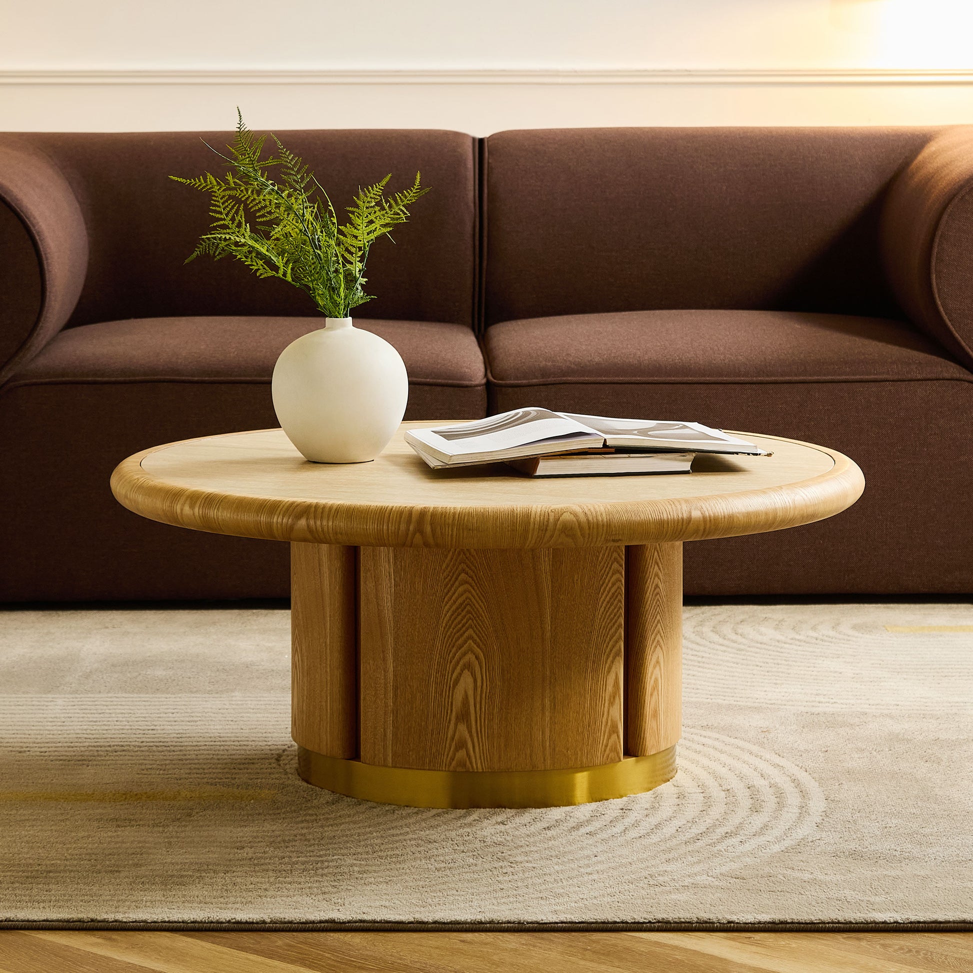 35.43 inch Round Coffee Table, Table with Sturdy MDF Pedestal with Brushed Stainless Steel,Sintered Stone Tabletop Table,Rounded Sofa Side Table for living Room,Office image 5
