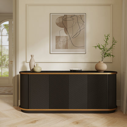 63" Diagonal Fluted Sideboard Cabinet with Storage, 4-Door Buffet Credenza TV Stand with Gold Trim, Black Faux Marble-Top Console Table, Modern Storage Cabinet for Dining Room, Living Room, Black image 4