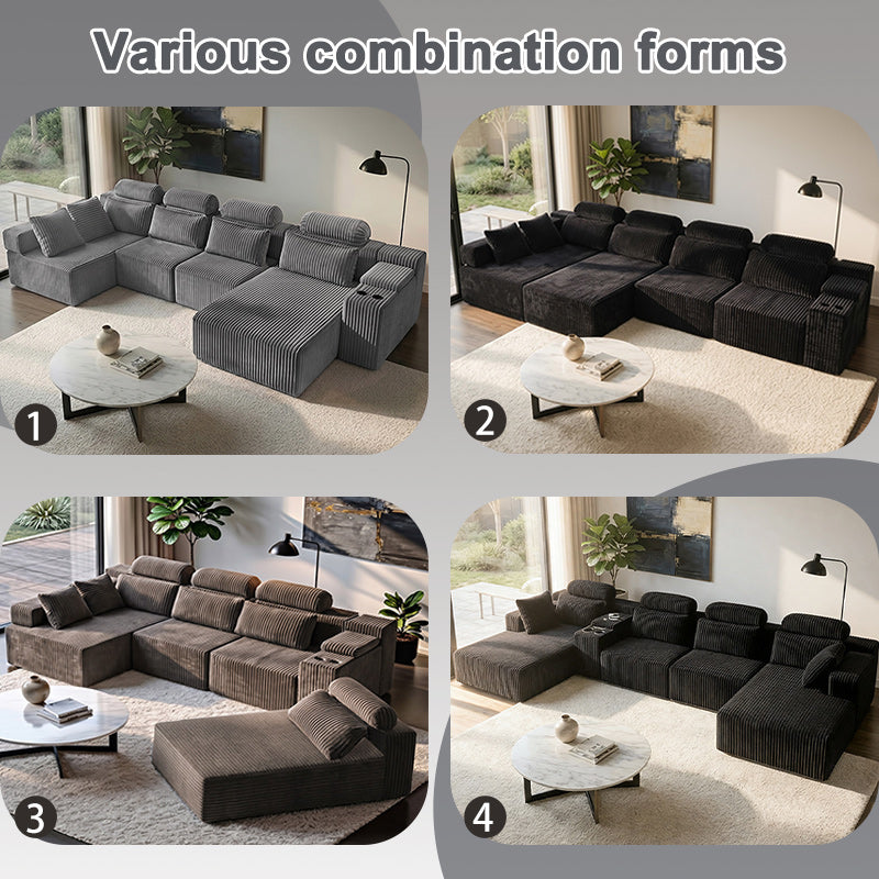 Modern Black corduroy 6-seater U-shaped sofa with lounge chair and cup holder -145.7 inch oversized modular compression sofa, suitable for home theaters, luxury living spaces, tool free assembly image 7