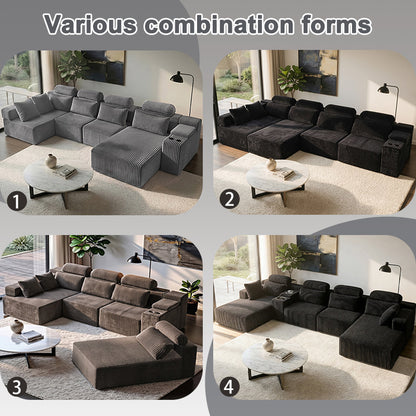 Modern coffee corduroy 6-seater U-shaped sofa with lounge chair and cup holder -145.7 inch oversized modular compression sofa, suitable for home theaters, luxury living spaces, tool free assembly image 5