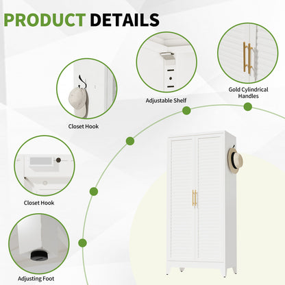 White Metal Wardrobe Closet with 2 Doors, 71″ Tall Portable Storage Cabinet for Bedroom, Lightweight Closet for Small Apartments, Dorm, Renters, Cold Rolled Steel, Easy Assembly image 5