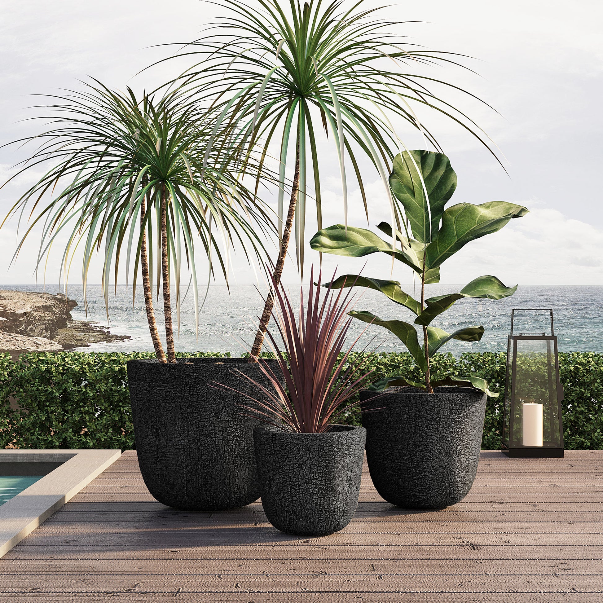 U_STYLE Lightweight MGO Planter Set of 3,16.93"+13.78"+11.02" Dia Round Concrete Stackable Flower Pots with Drainage Holes and Rubber Plug,Crackle Stone Texture for Patio Garden Balcony Indoor Outdoor image 2
