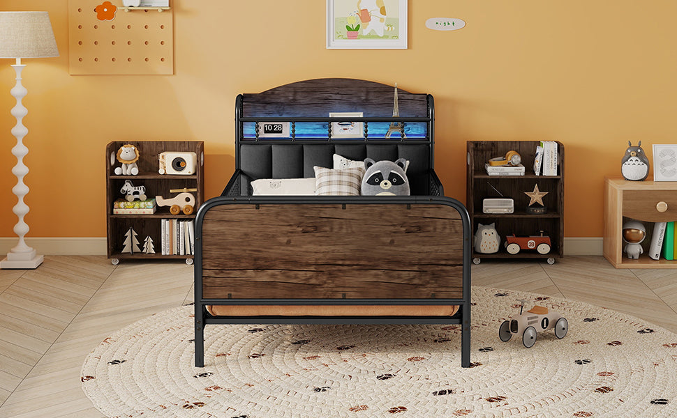 Twin Size Metal Platform Bed Frame with Light, Kids Twin Metal Bed with Upholstered and Pull Out Storage Shelves, Black (Expect Arrival Date 2025/10/5) image 9