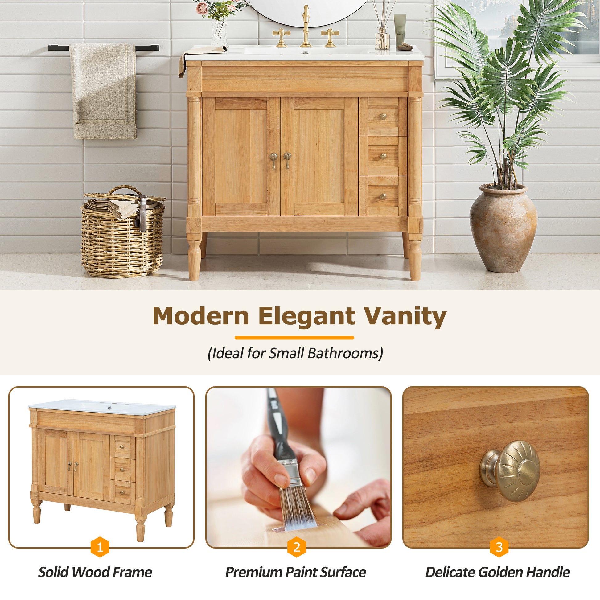 36" Bathroom Vanity with Ceramic Sink, Soft Close Doors, Adjustable Shelves, Modern Storage Cabinet for Small and Medium Bathrooms image 4