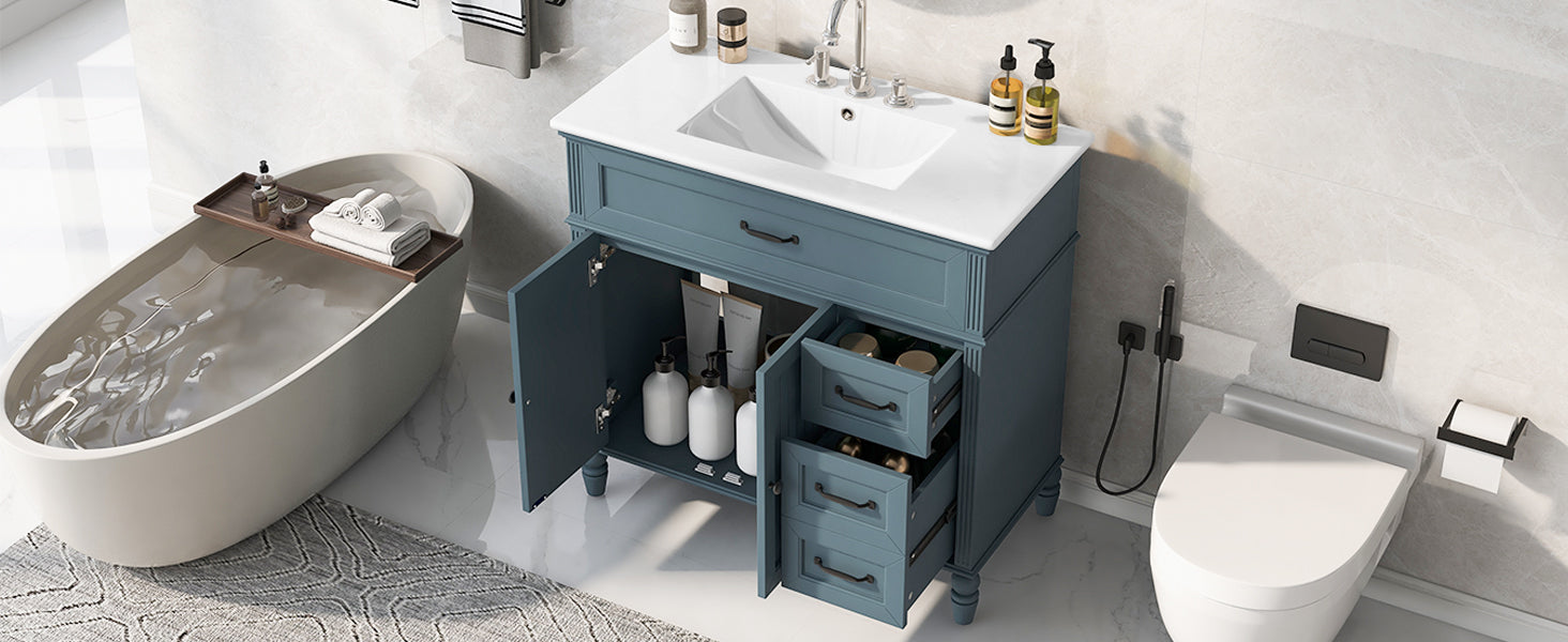[Video] 36" Bathroom Vanity with Sink, Bathroom Cabinet with Drawers, Solid Frame and MDF Board, Two Packages, Gray Blue (Same SKU: N725P195410C/N759P340019C) image 4