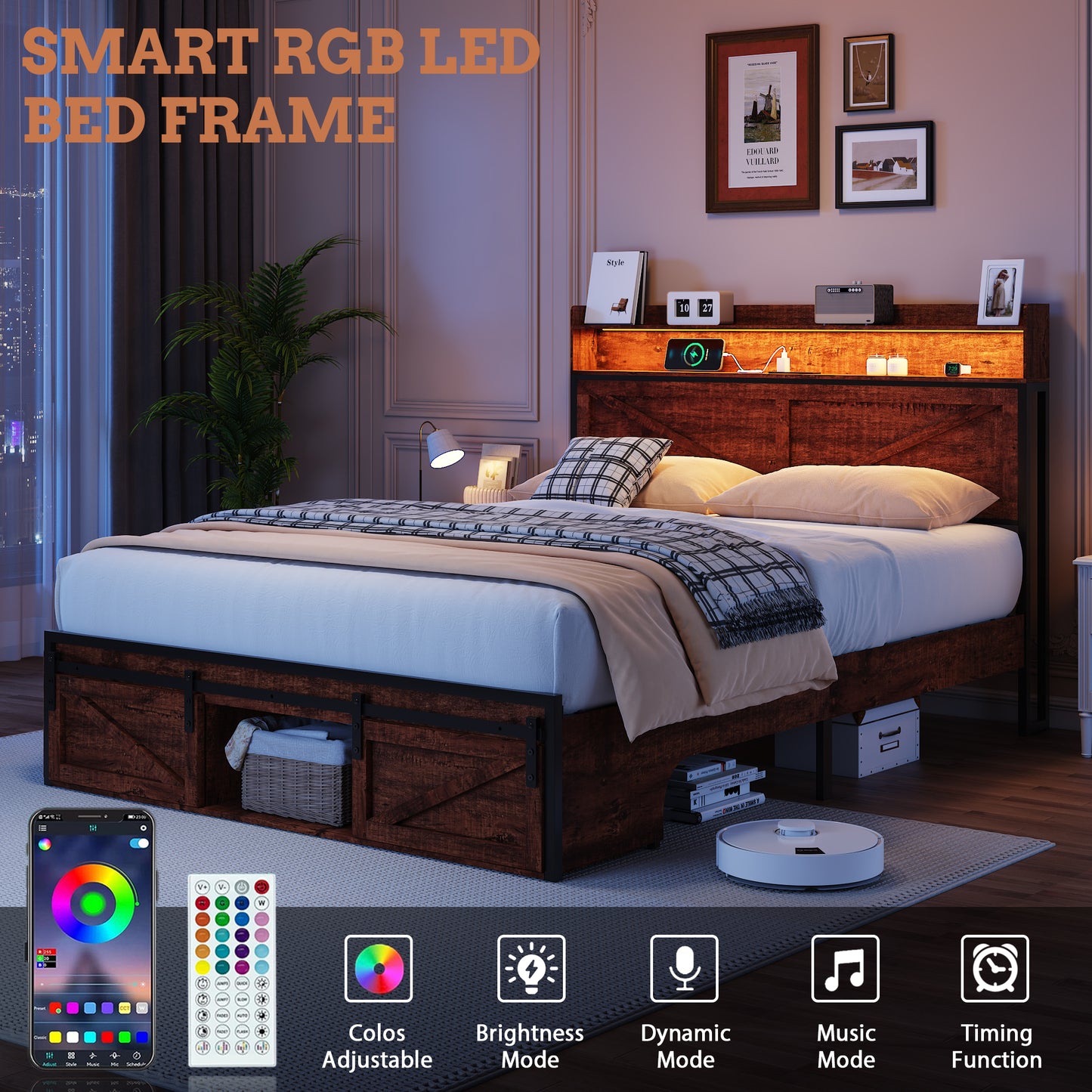Full Size Bed Frame with Storage Headboard and LED Lights, Upholstered Platform Bed with Footboard Drawers, Sturdy Metal Slats, Noise-Free Mattress Support, No Box Spring Needed, Brown image 5
