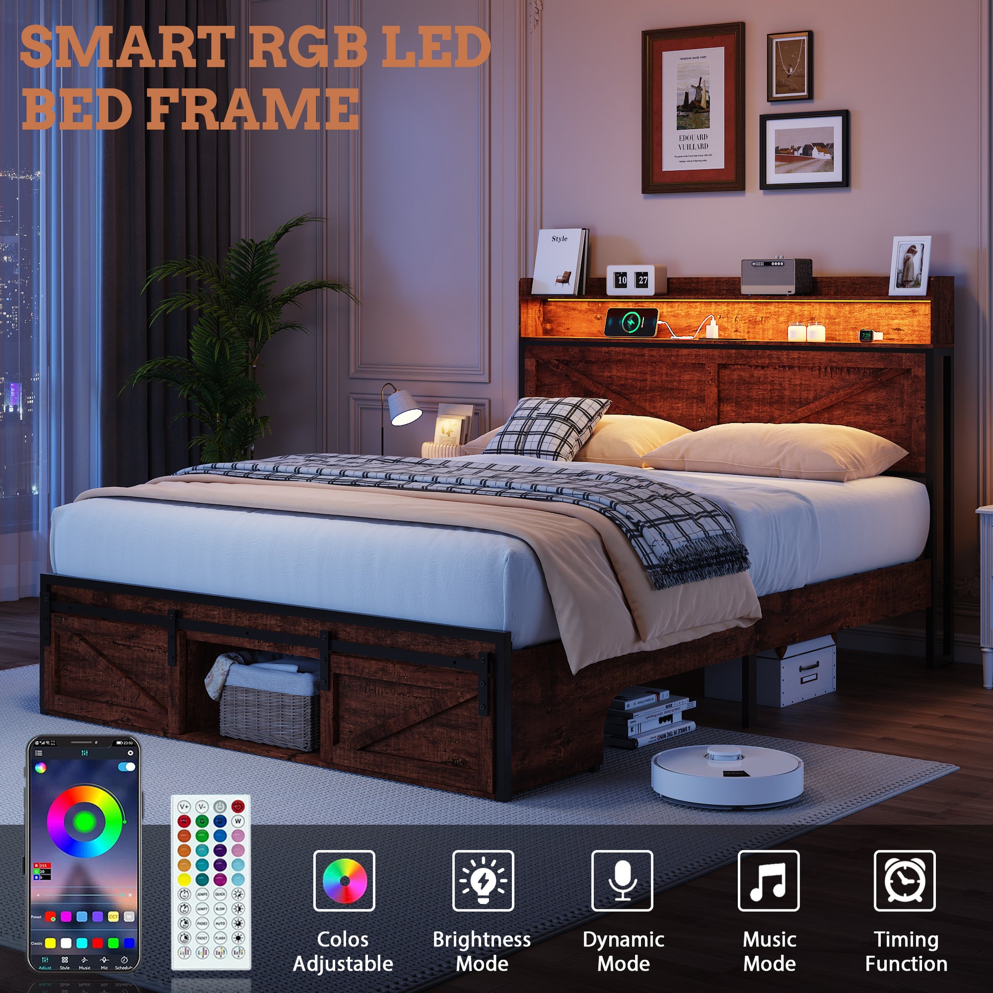 Full Size Bed Frame with Storage Headboard and LED Lights, Upholstered Platform Bed with Footboard Drawers, Sturdy Metal Slats, Noise-Free Mattress Support, No Box Spring Needed, Brown image 5