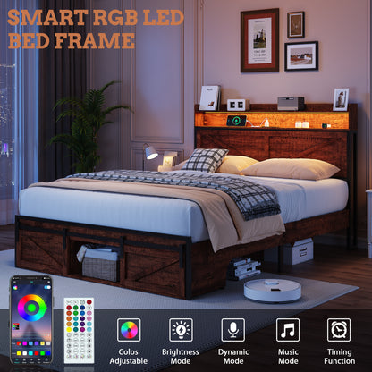 Full Size Bed Frame with Storage Headboard and LED Lights, Upholstered Platform Bed with Footboard Drawers, Sturdy Metal Slats, Noise-Free Mattress Support, No Box Spring Needed, Brown image 5