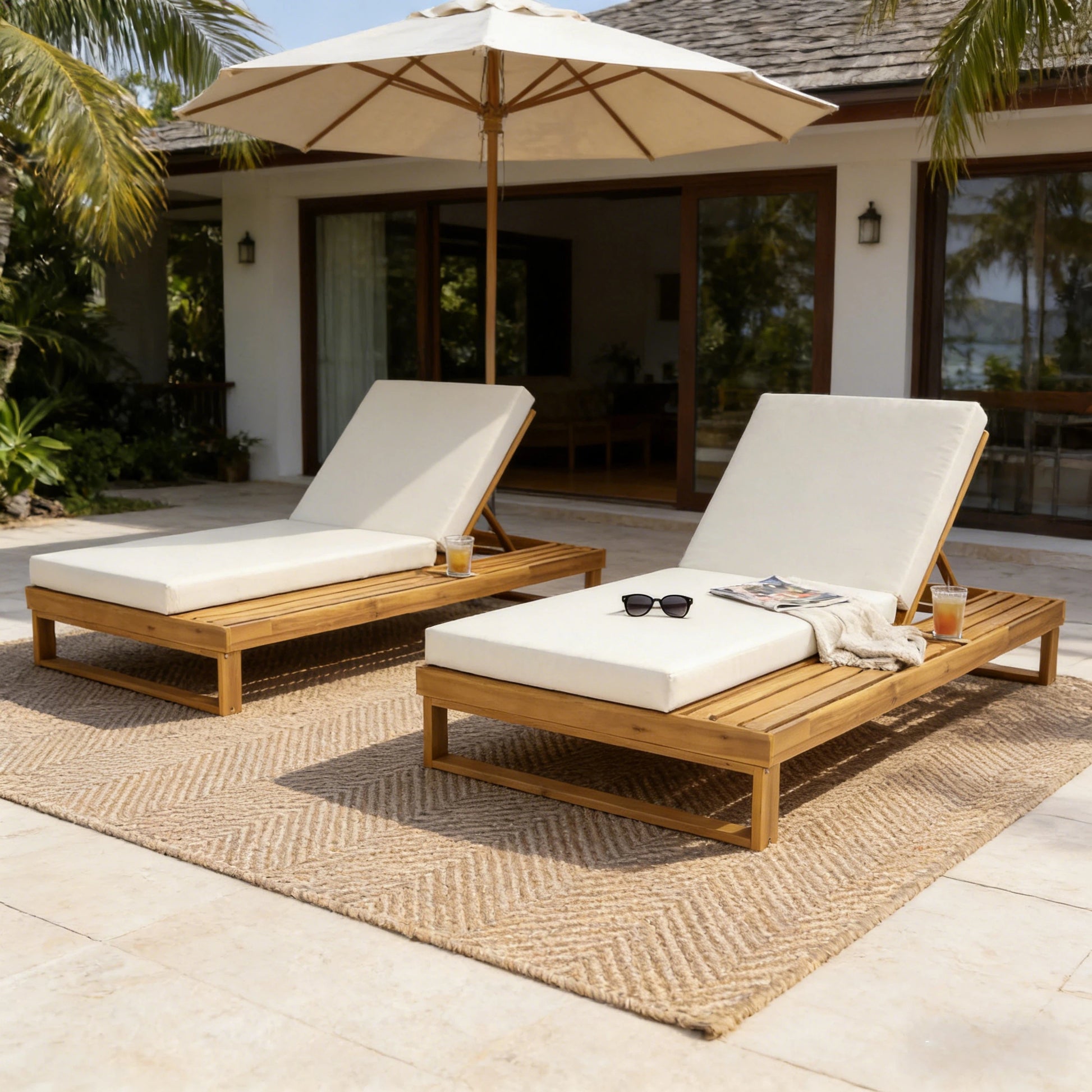 Teak Finish Acacia Wood Chaise Lounge with 4-Inch Cream 2-Fold Cushion Set, 4-Position Adjustable Outdoor Patio Lounger with Flat Side Surface, for Poolside - Matching dark grey version available image 7