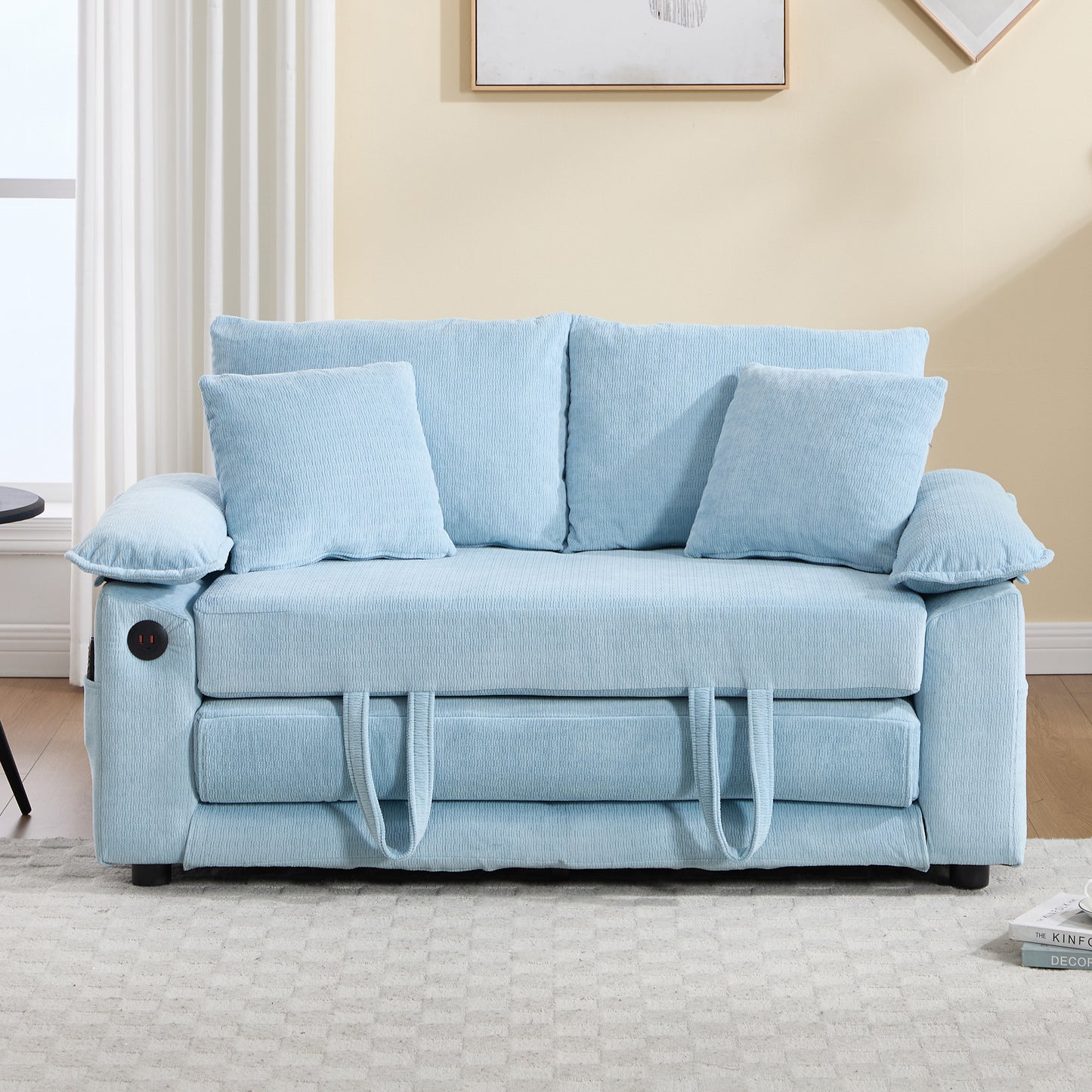 58 inch 3-in-1 Upholstered Futon Sofa Convertible Floor Sofa bed,Foldable Tufted Loveseat with Pull Out Sleeper Couch Bed,Folding Mattres Love Seat Daybed W/Side Pockets for Living Room Blue image 3