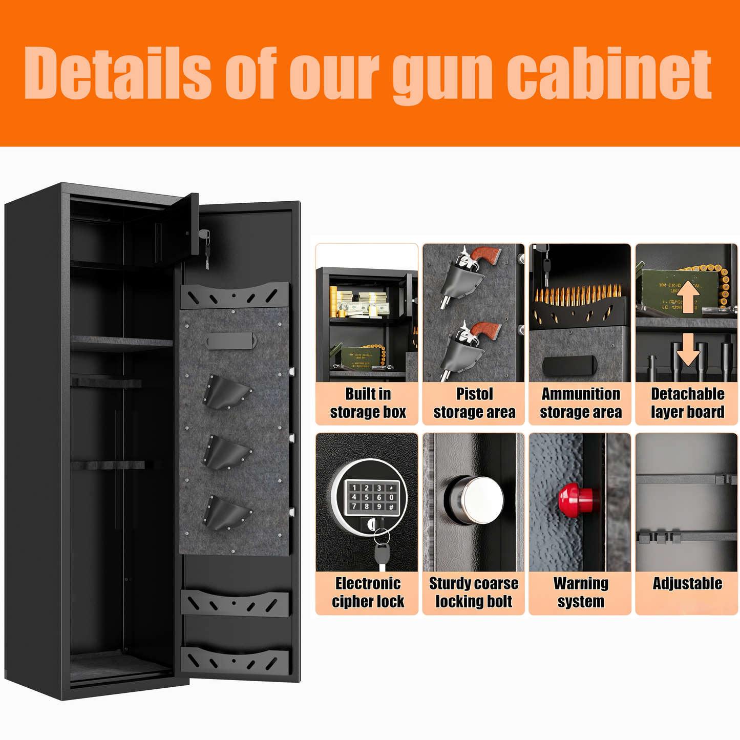 57" High Large Capacity Mechanical Gun Safe for Rifles & Handguns, Digital Password Lock, Built-In Independent Lock Box, Adjustable Shelves, Pre-Assembled No Assembly Required image 8