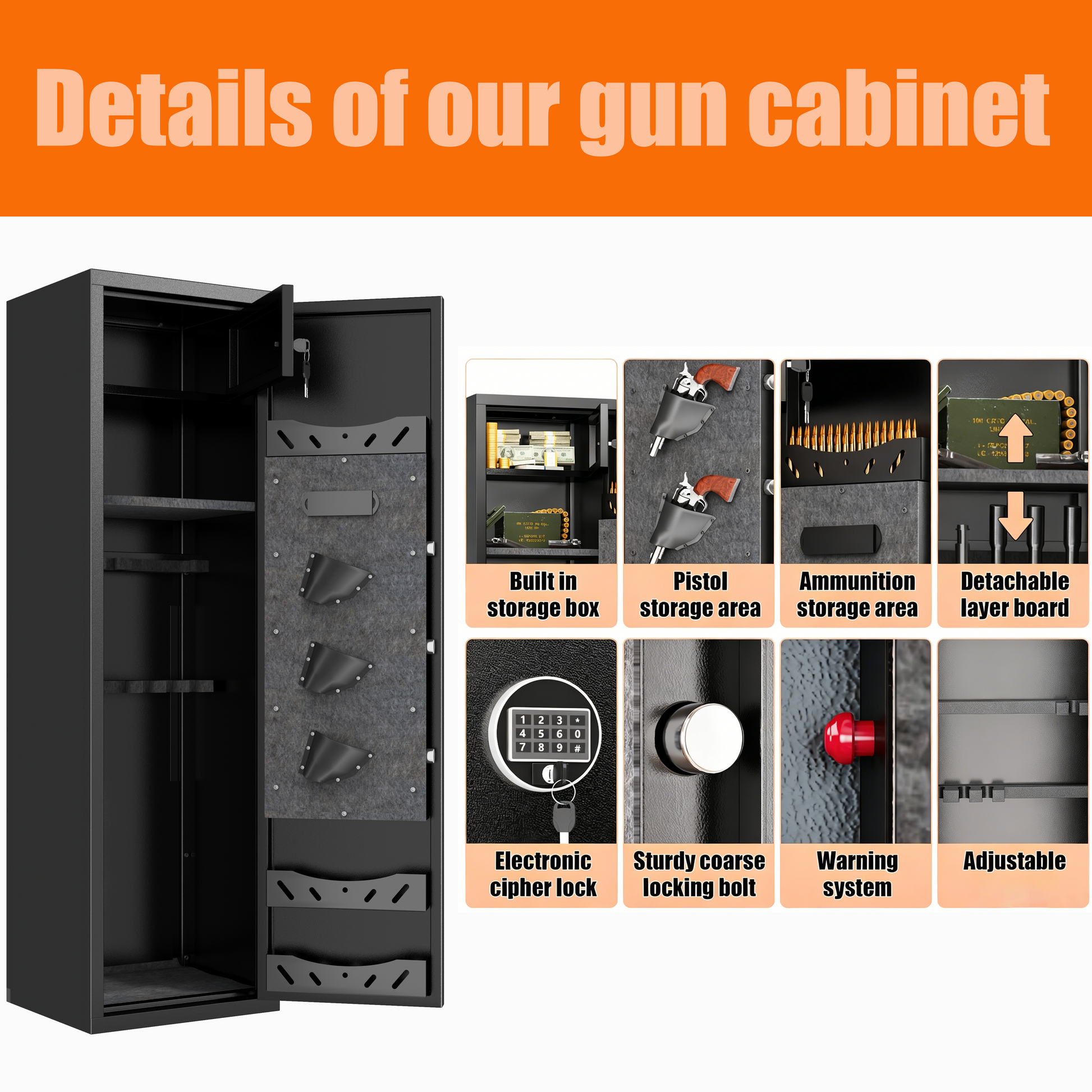 57" High Large Capacity Mechanical Gun Safe for Rifles & Handguns, Digital Password Lock, Built-In Independent Lock Box, Adjustable Shelves, Pre-Assembled No Assembly Required image 8